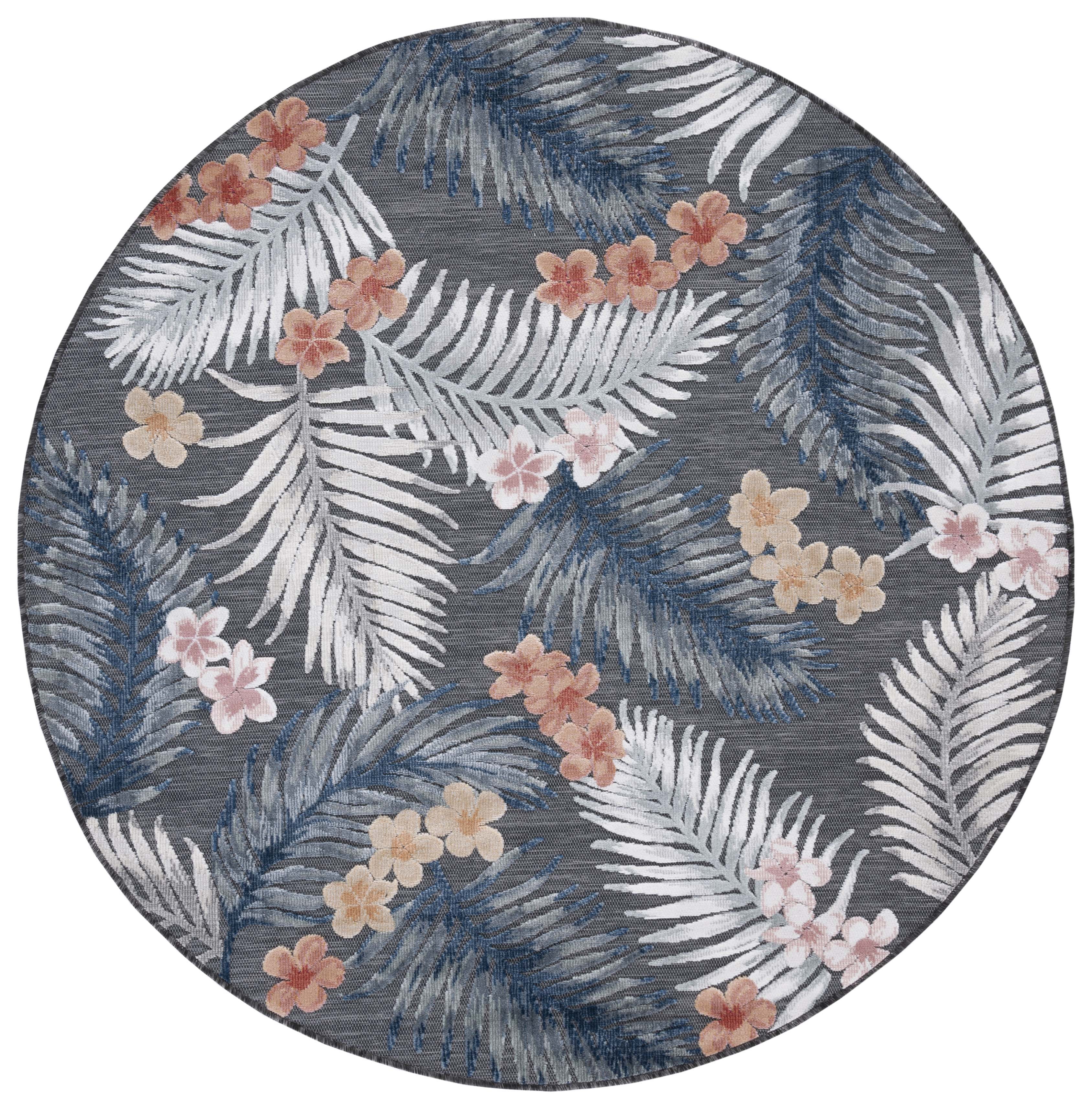 SAFAVIEH Cabana Kade Botanical Indoor/Outdoor Area Rug, Black/Rust, 6'5" x 6'5" Round