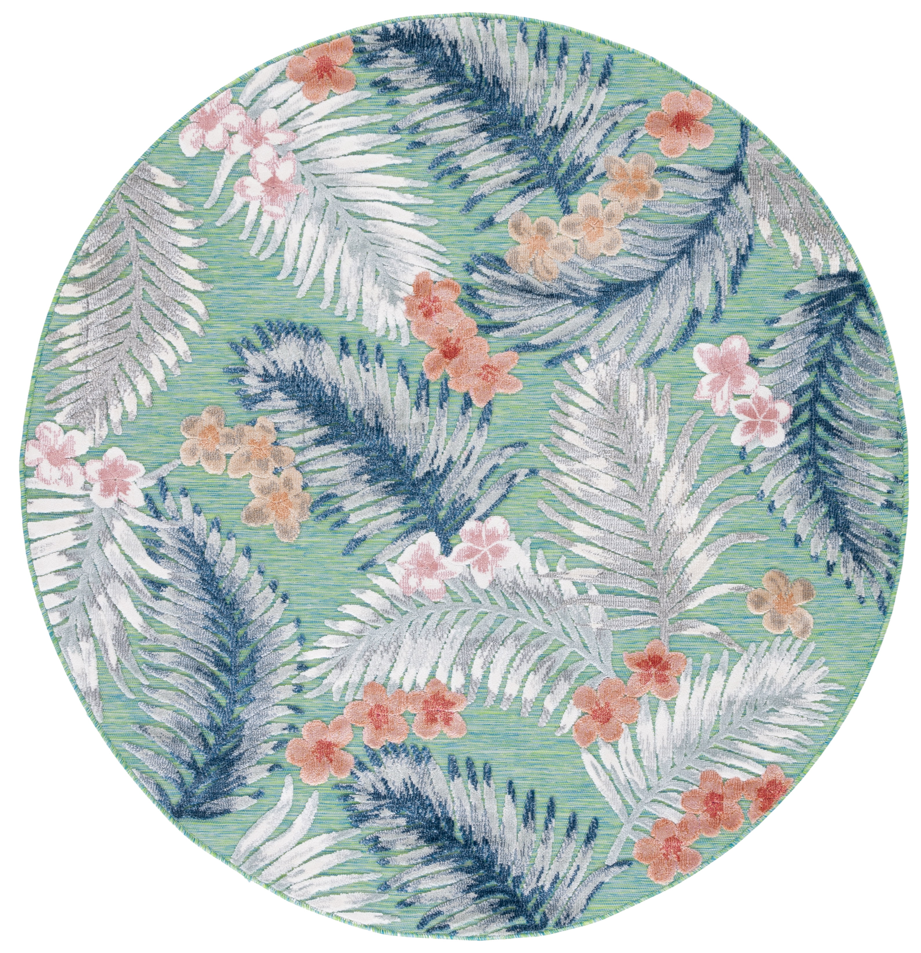 SAFAVIEH Cabana Kade Botanical Indoor/Outdoor Area Rug, Green/Navy, 6'5" x 6'5" Round