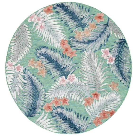 SAFAVIEH Cabana Kade Botanical Indoor/Outdoor Area Rug, Green/Navy, 6'5" x 6'5" Round