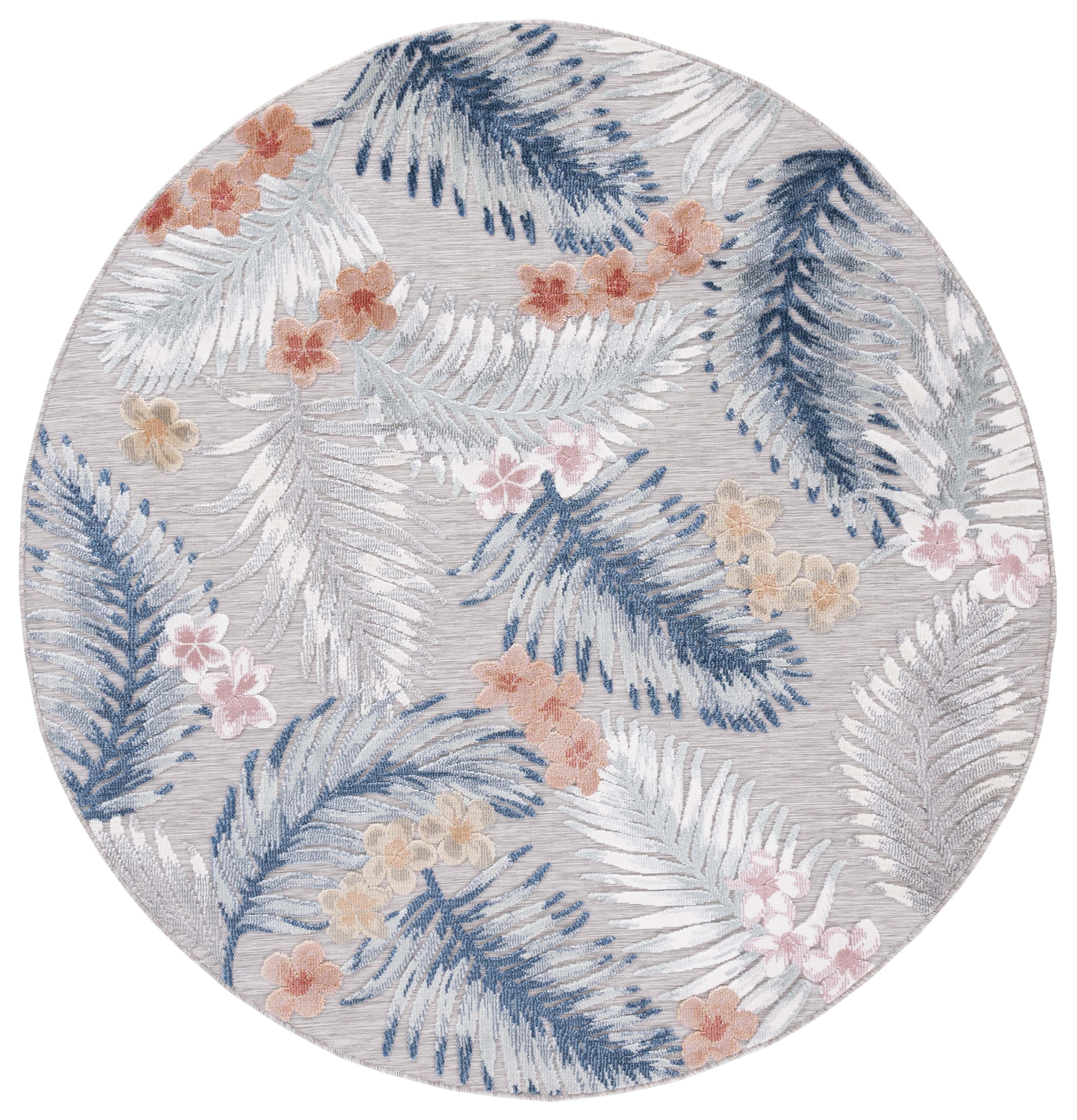 Gray and Navy Floral Round Synthetic Indoor/Outdoor Rug