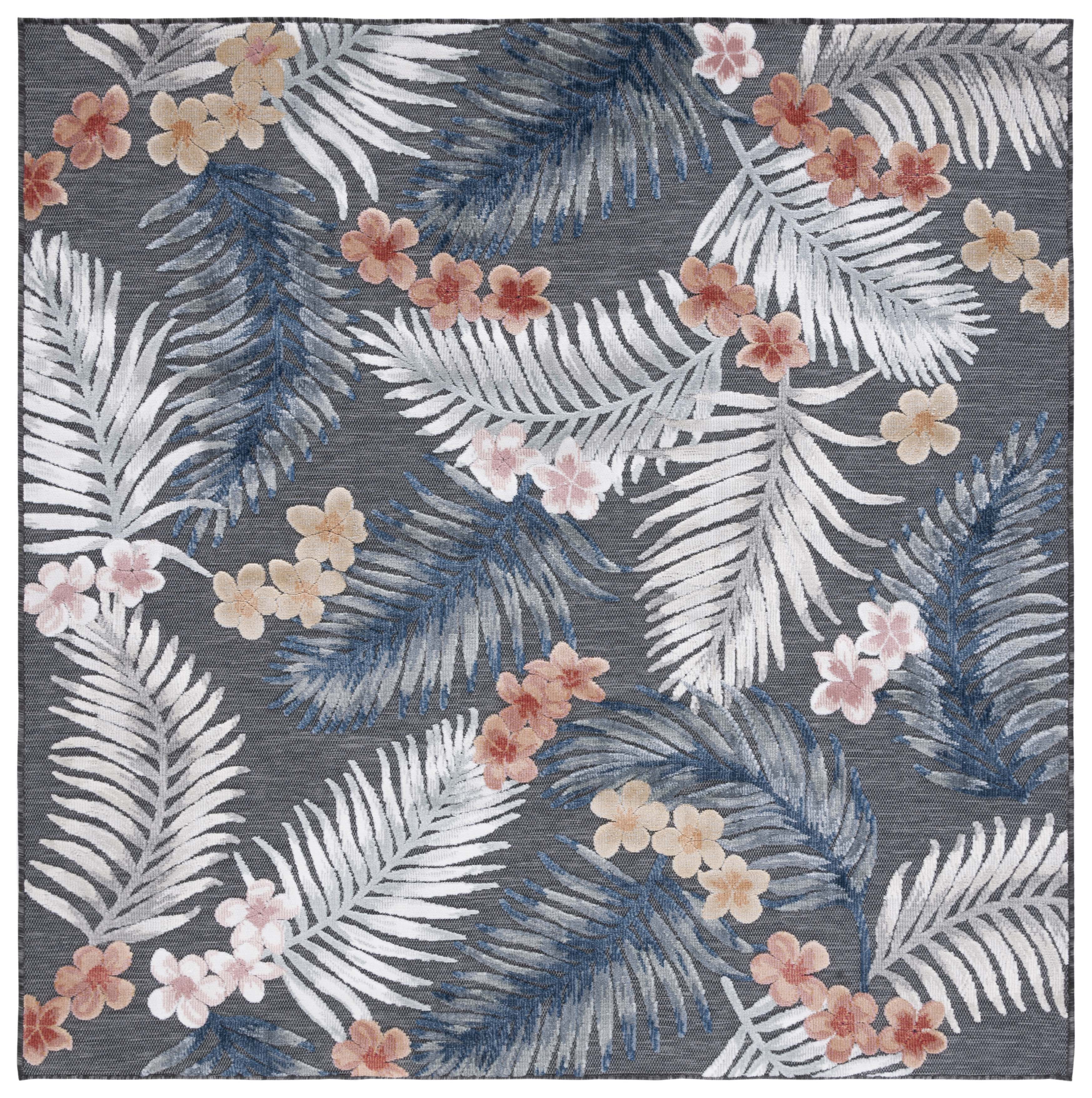 Luxe Cabana Black/Rust Floral 7' Square Synthetic Area Rug