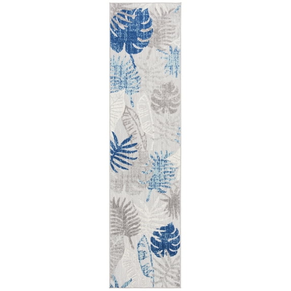 SAFAVIEH Cabana Kuzman Botanical Indoor/Outdoor Runner Rug, Grey/Blue, 2' x 12'