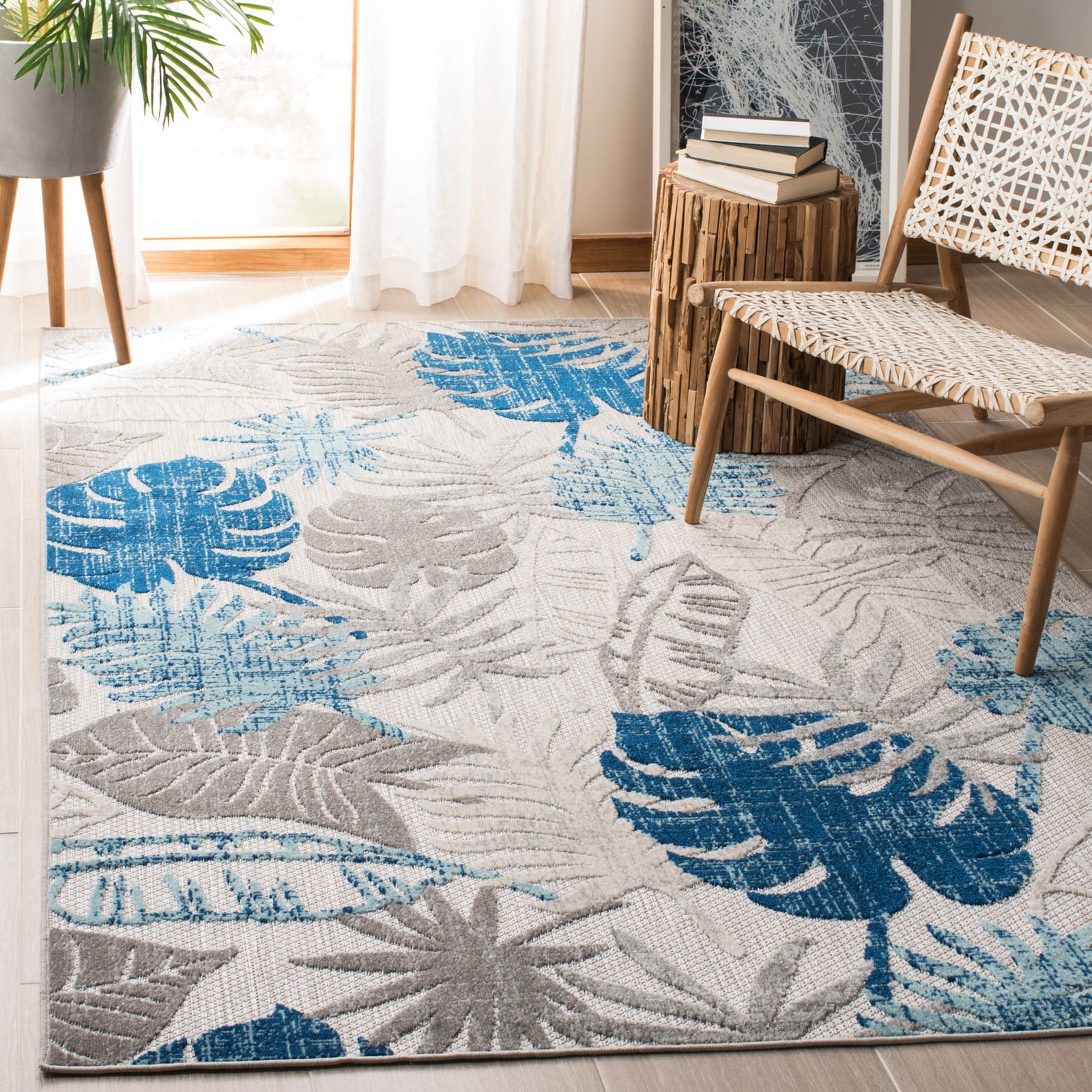 Grey and Blue Floral Synthetic 9' x 12' Area Rug
