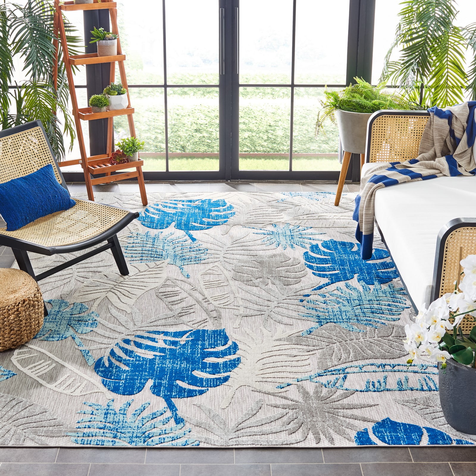 Cabana Floral Square Easy-Care Blue Synthetic 79" Area Rug