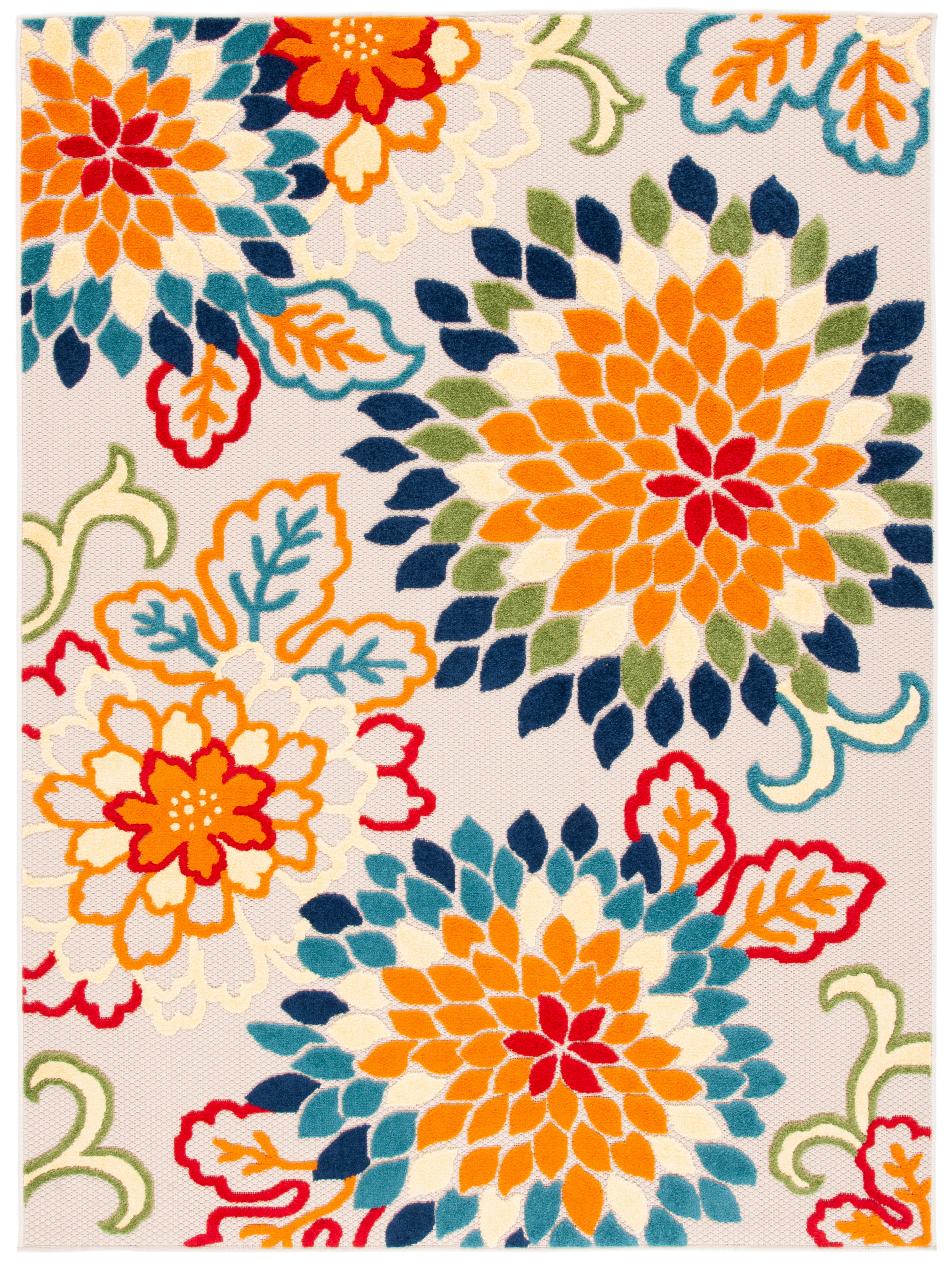 Ivory and Orange Floral Synthetic Rectangular Rug, 5'3" x 7'6"