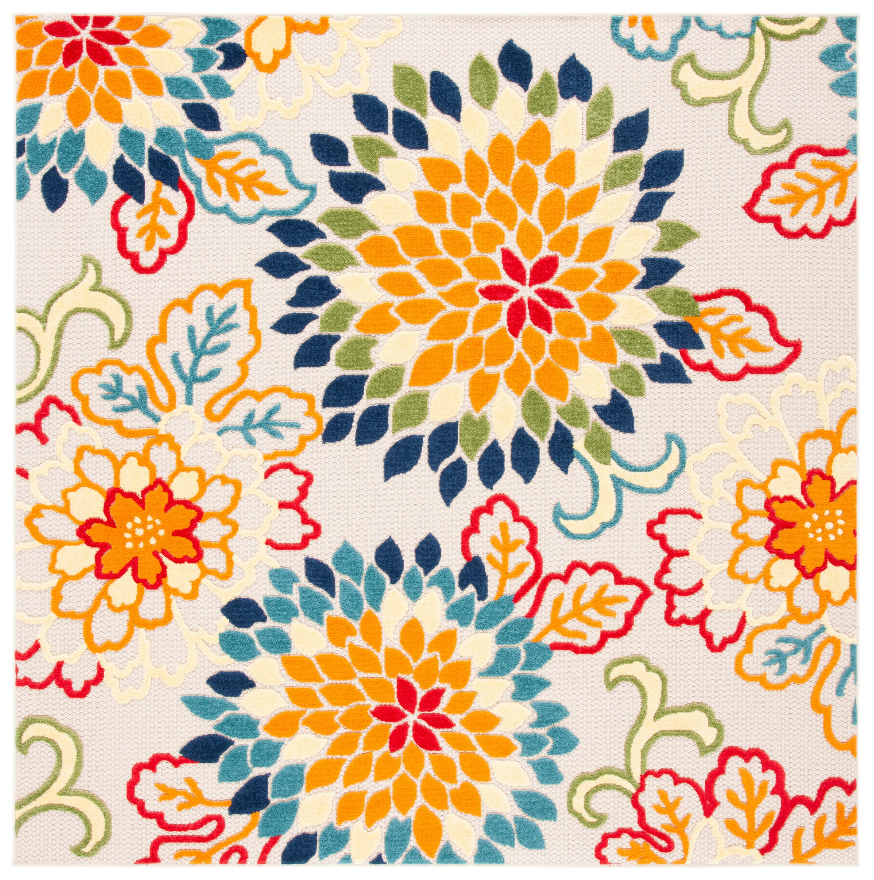 Ivory and Orange Floral Synthetic Square Area Rug, 6'7" x 6'7"