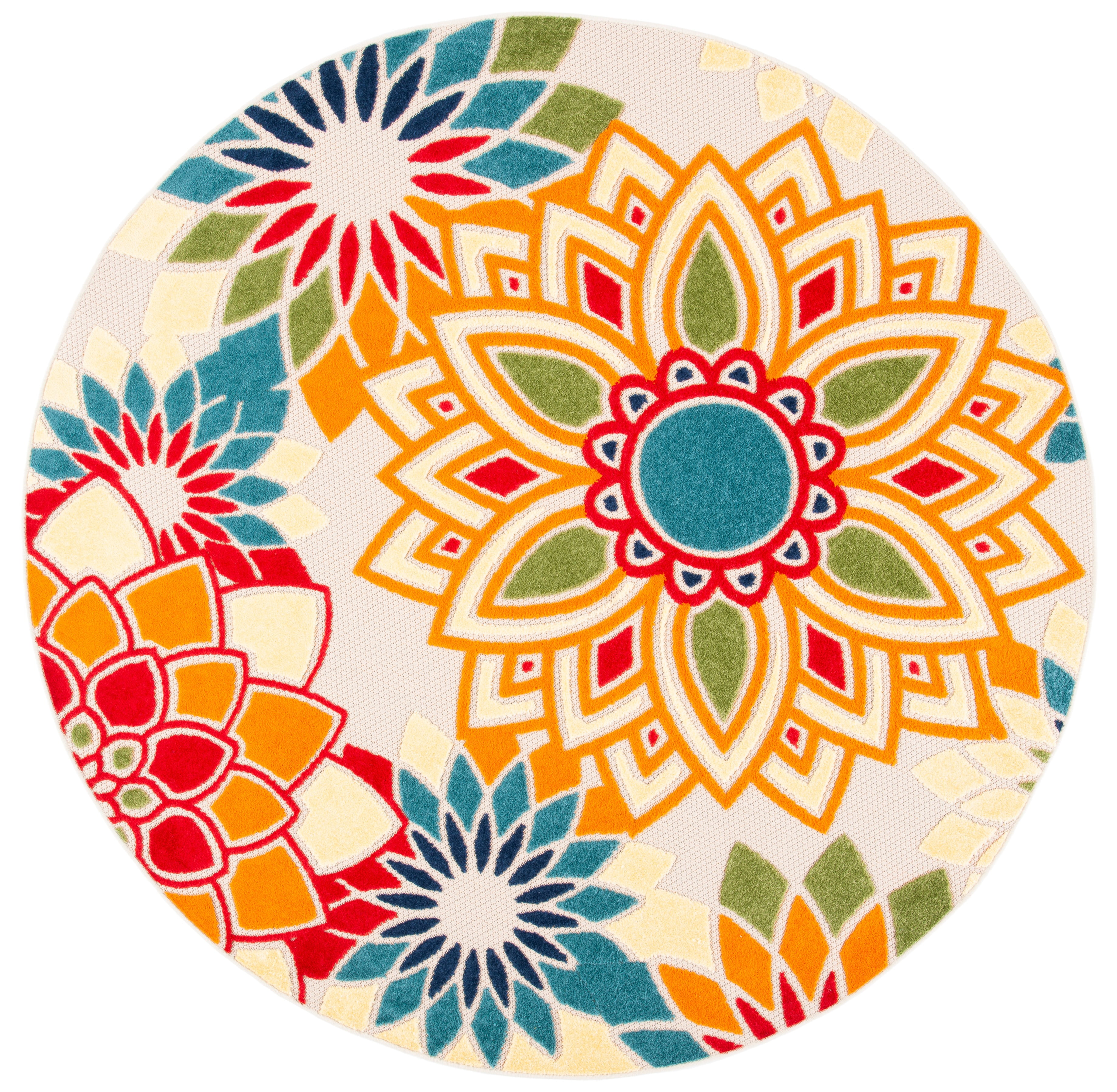 79'' Round Ivory and Orange Floral Synthetic Area Rug