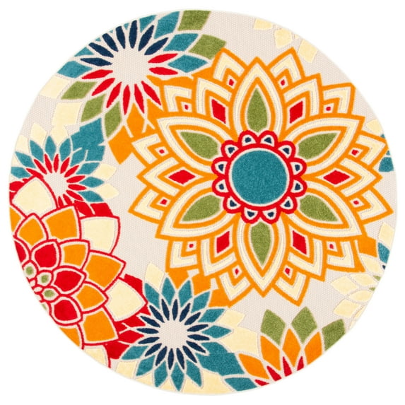 SAFAVIEH Cabana Molly Floral Indoor/Outdoor Area Rug, Ivory/Orange, 6'7" x 6'7" Round