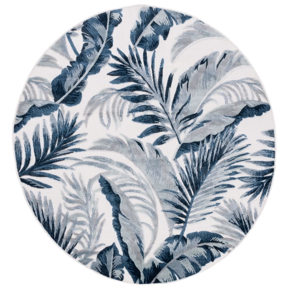 SAFAVIEH Cabana Rosario Botanical Indoor/Outdoor Area Rug, Ivory/Navy, 6'5" x 6'5" Round