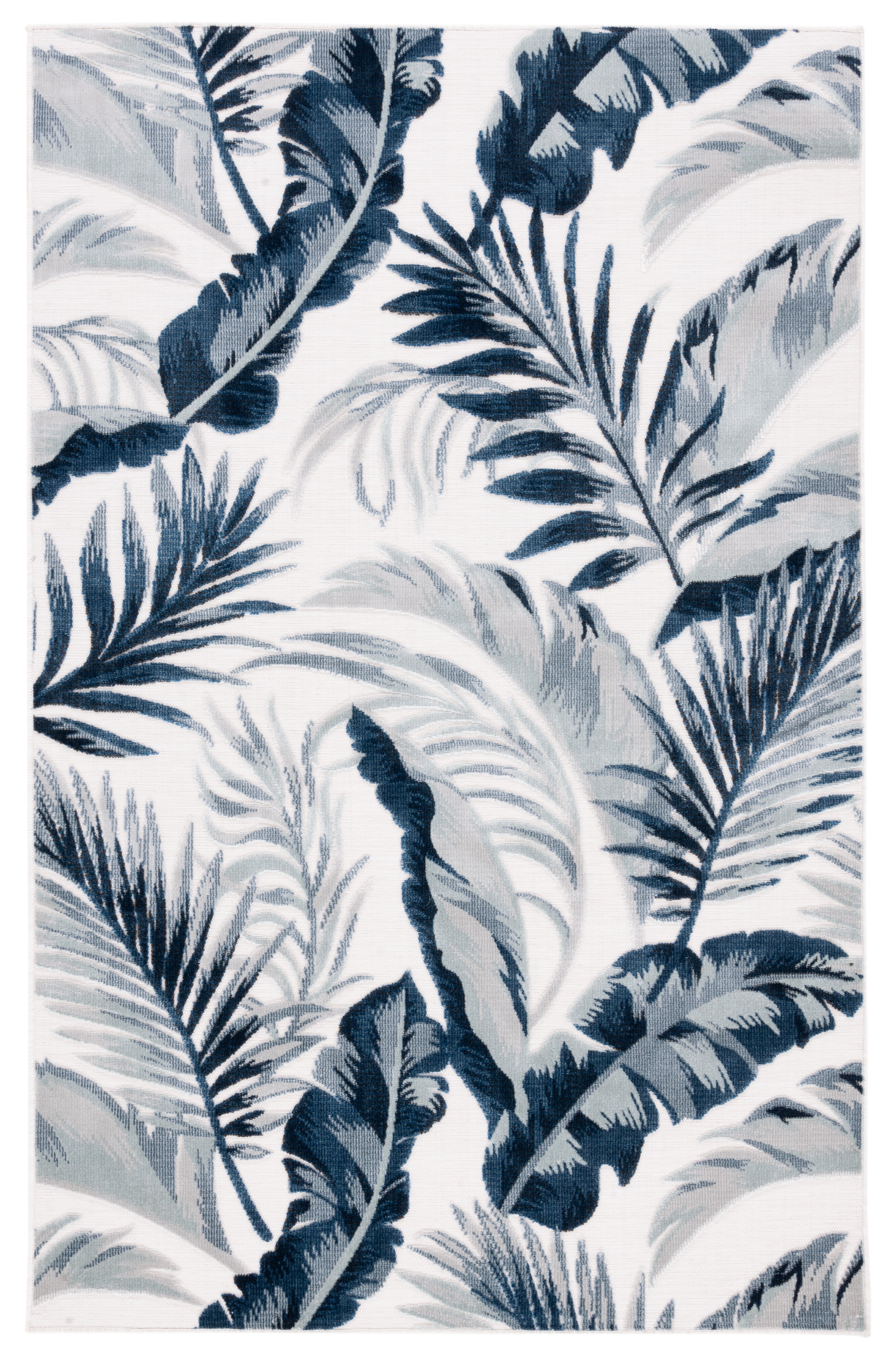 Ivory and Navy Floral Synthetic Indoor/Outdoor Rug