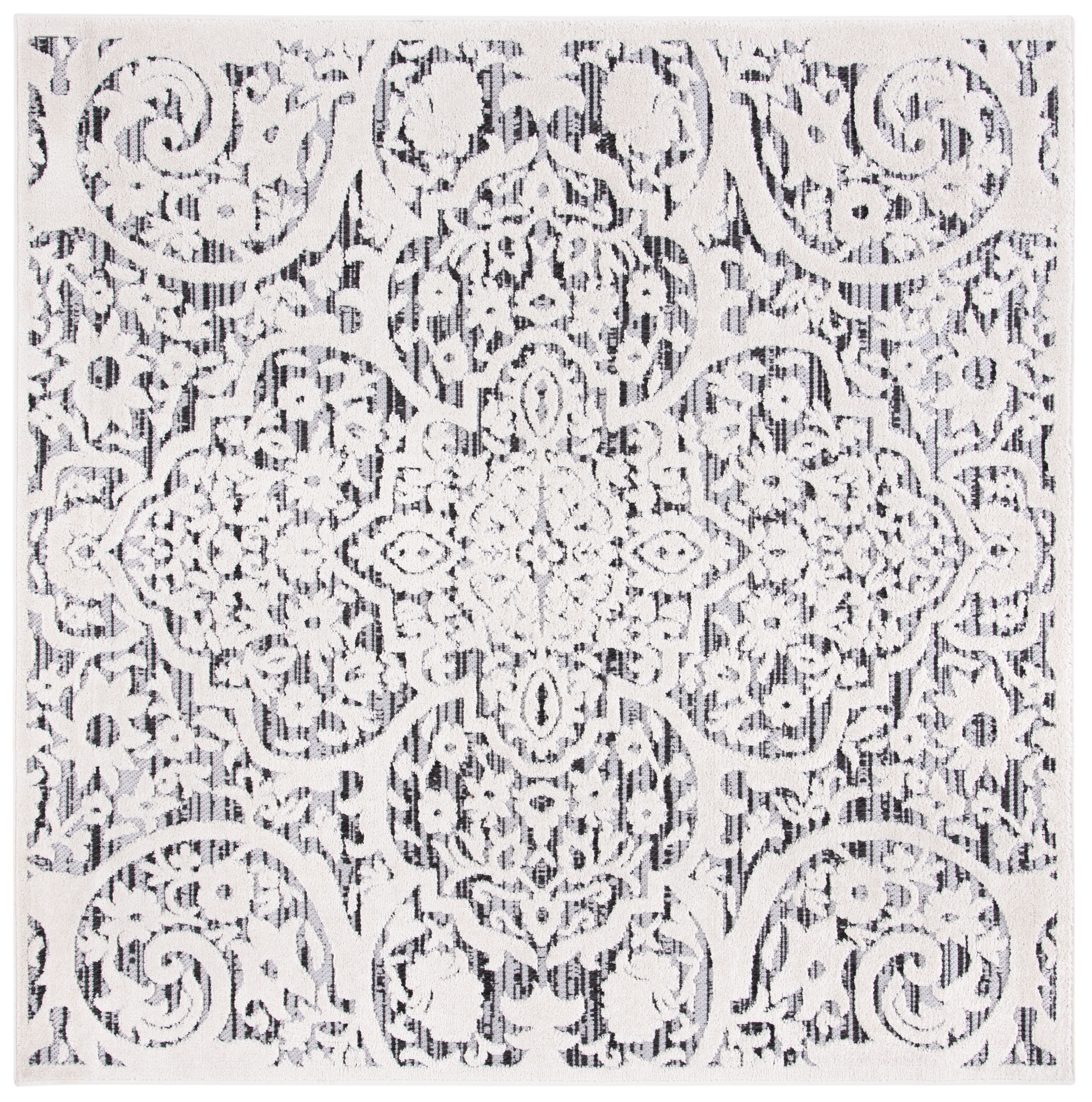Ivory and Grey Geometric Square Indoor/Outdoor Rug