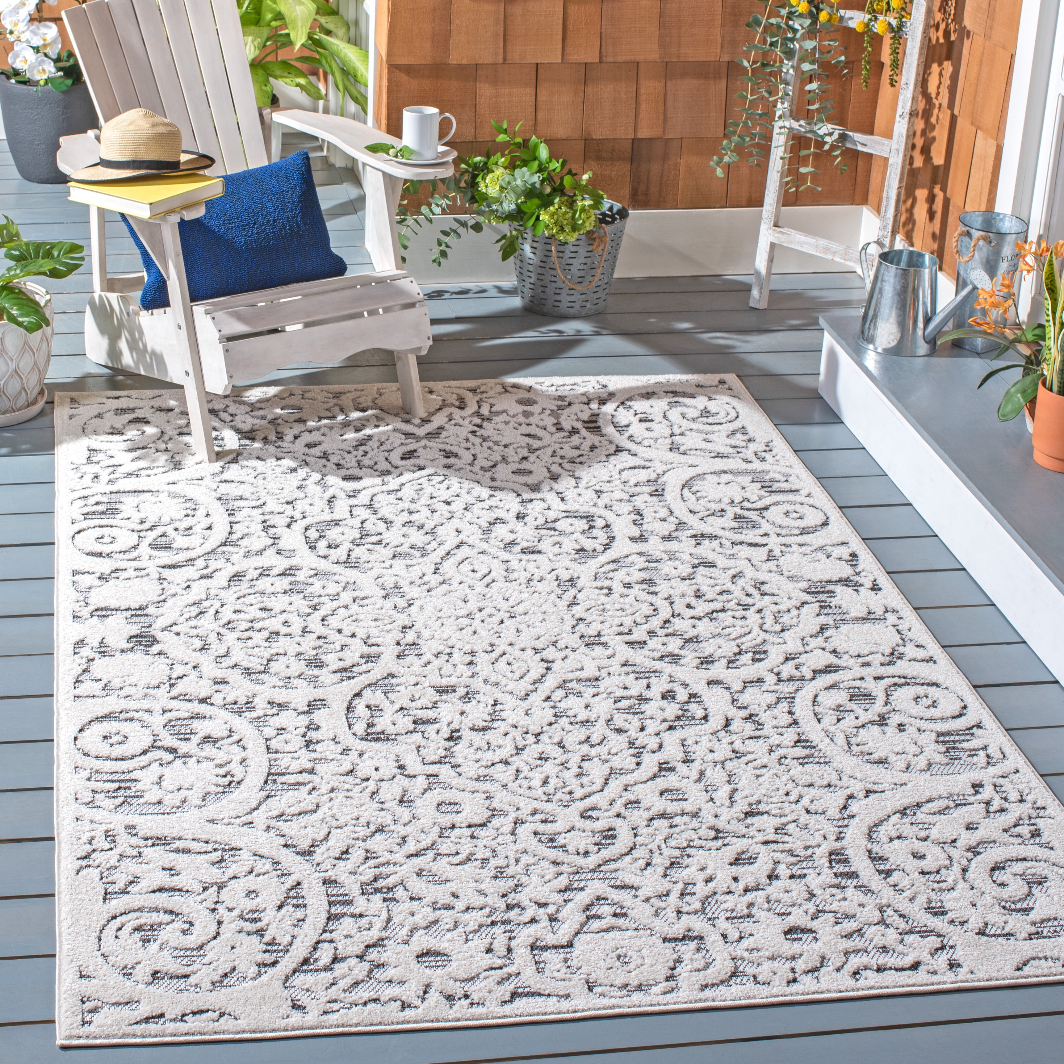 Ivory Floral Synthetic Square Indoor/Outdoor Rug, 6'7" x 6'7"