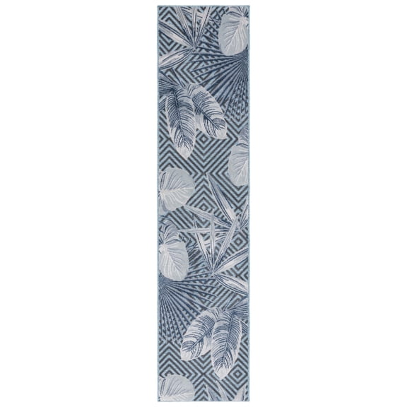 SAFAVIEH Cabana Salima Botanical Indoor/Outdoor Runner Rug, Aqua/Navy, 2' x 10'
