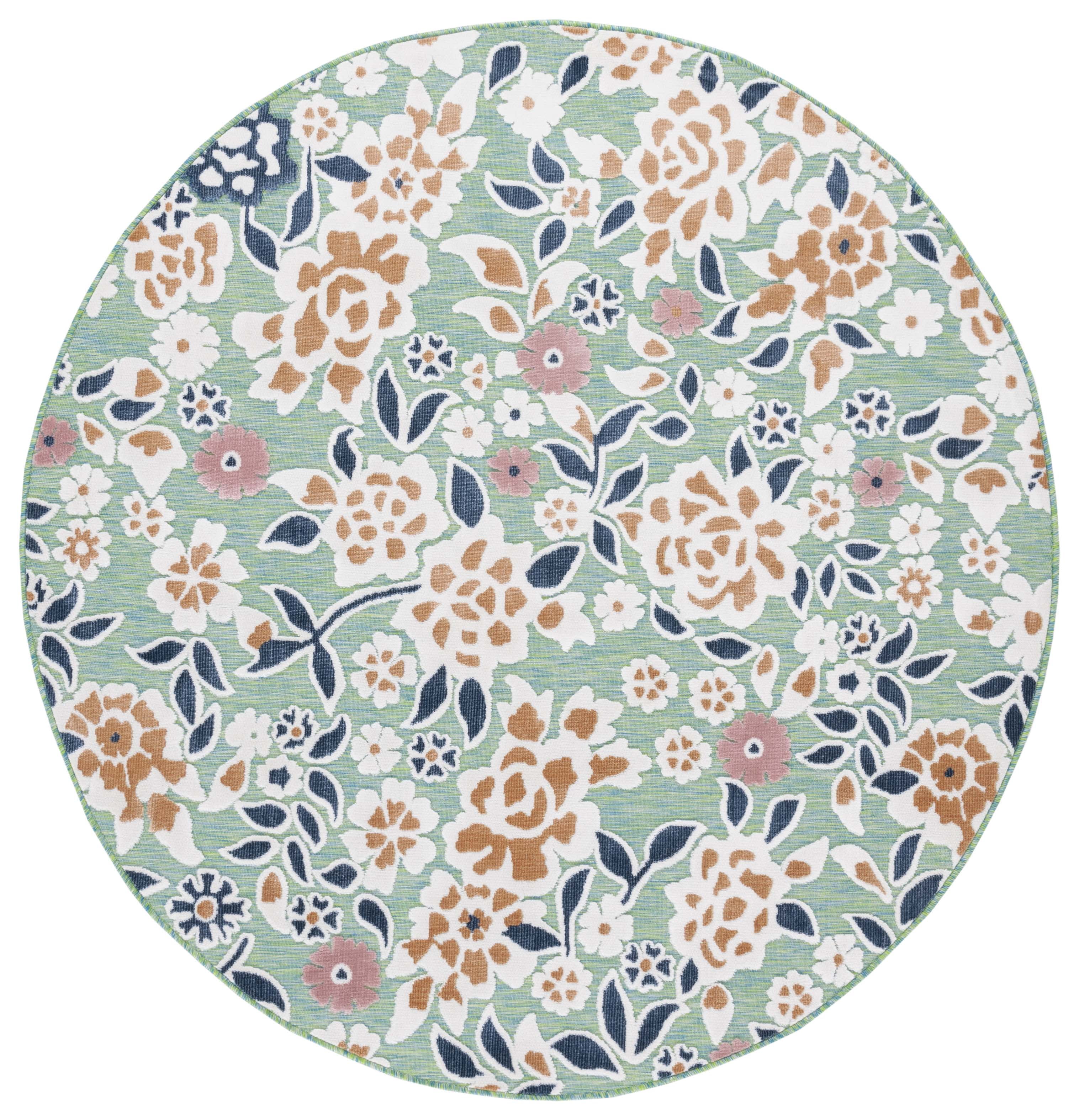 SAFAVIEH Cabana Tobias Floral Indoor/Outdoor Area Rug, Green/Navy, 4' x 4' Round