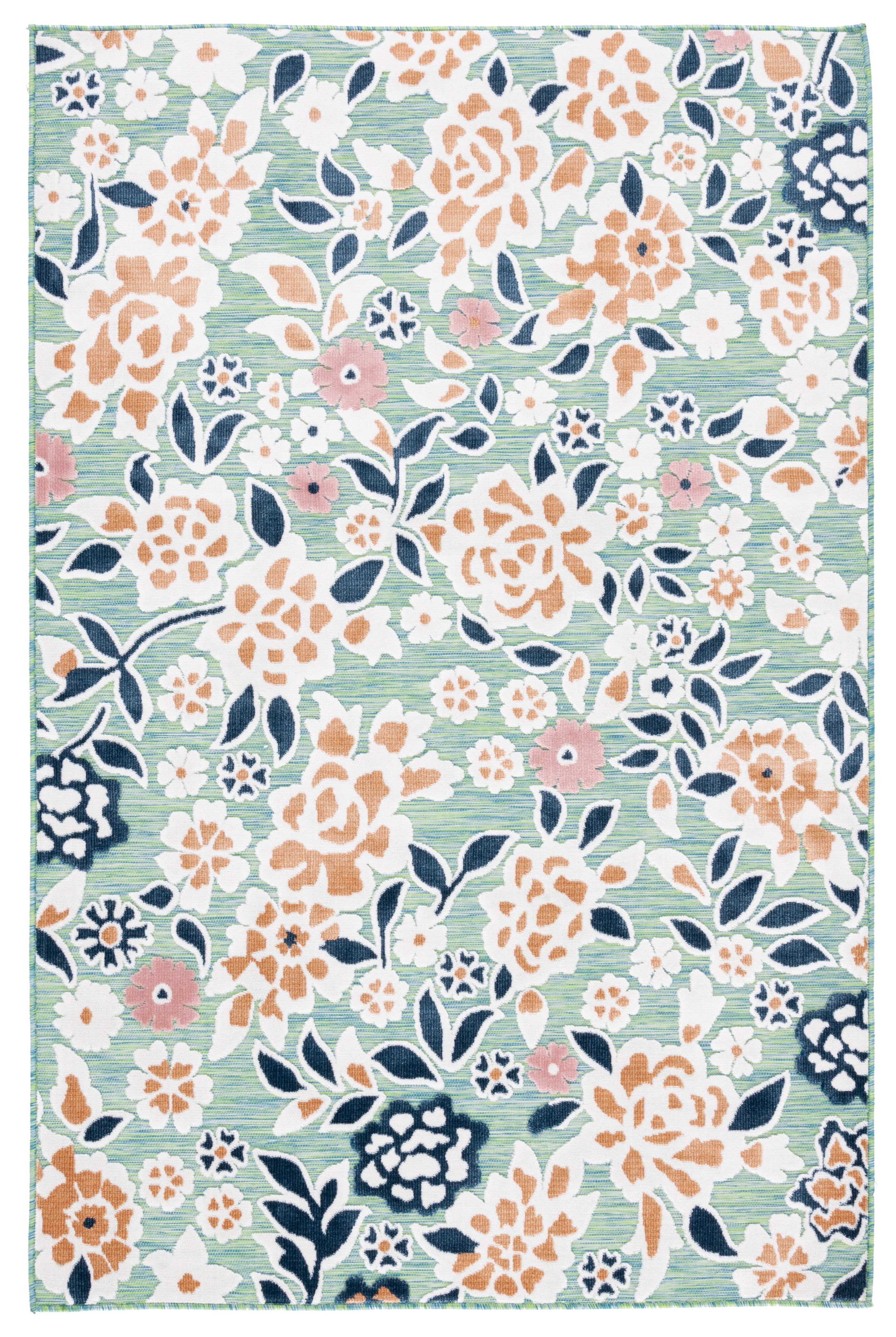 Green and Navy Floral Synthetic 4' x 6' Reversible Area Rug