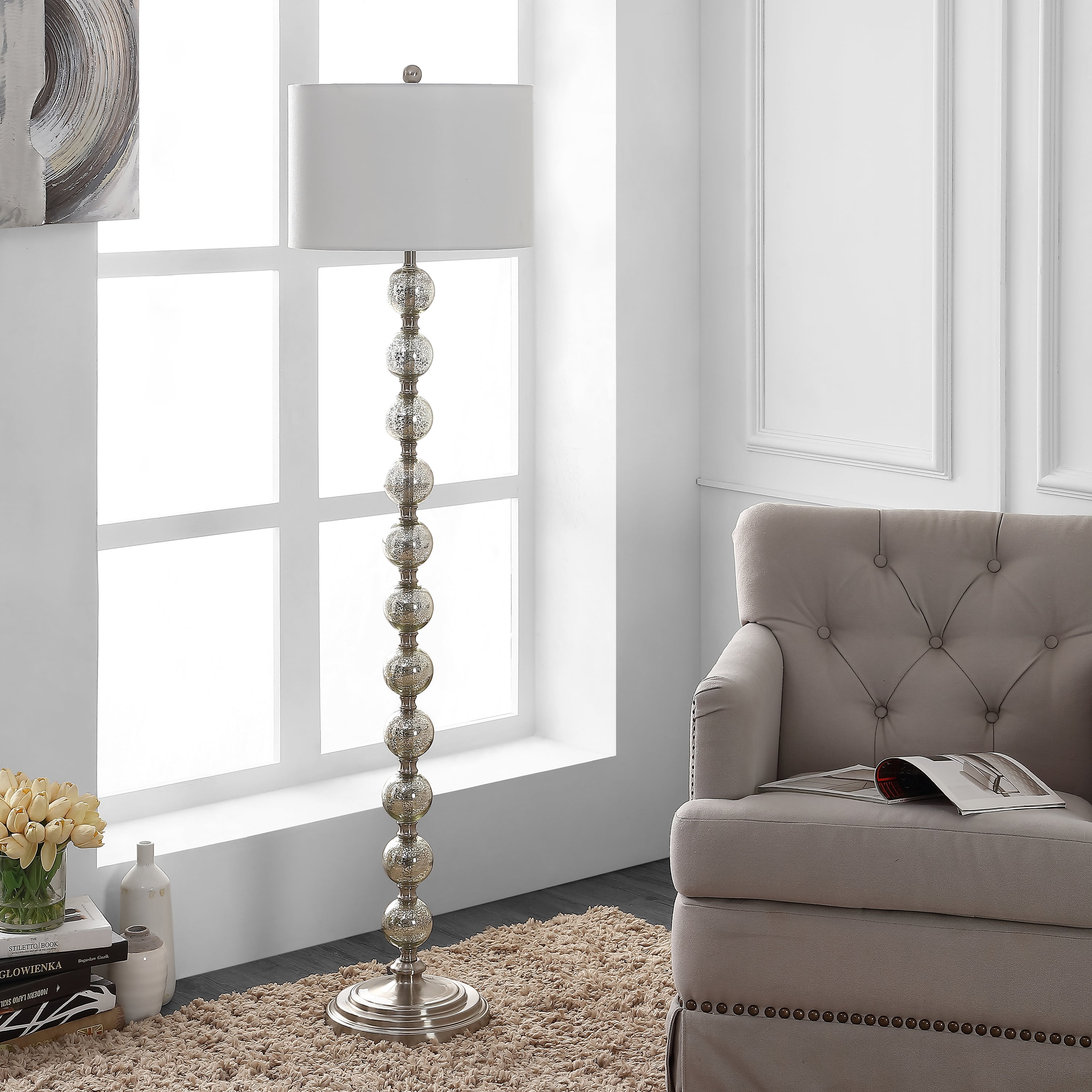 SAFAVIEH Cace 60 in. H Beaded Glam Floor Lamp, Nickel/Ivory