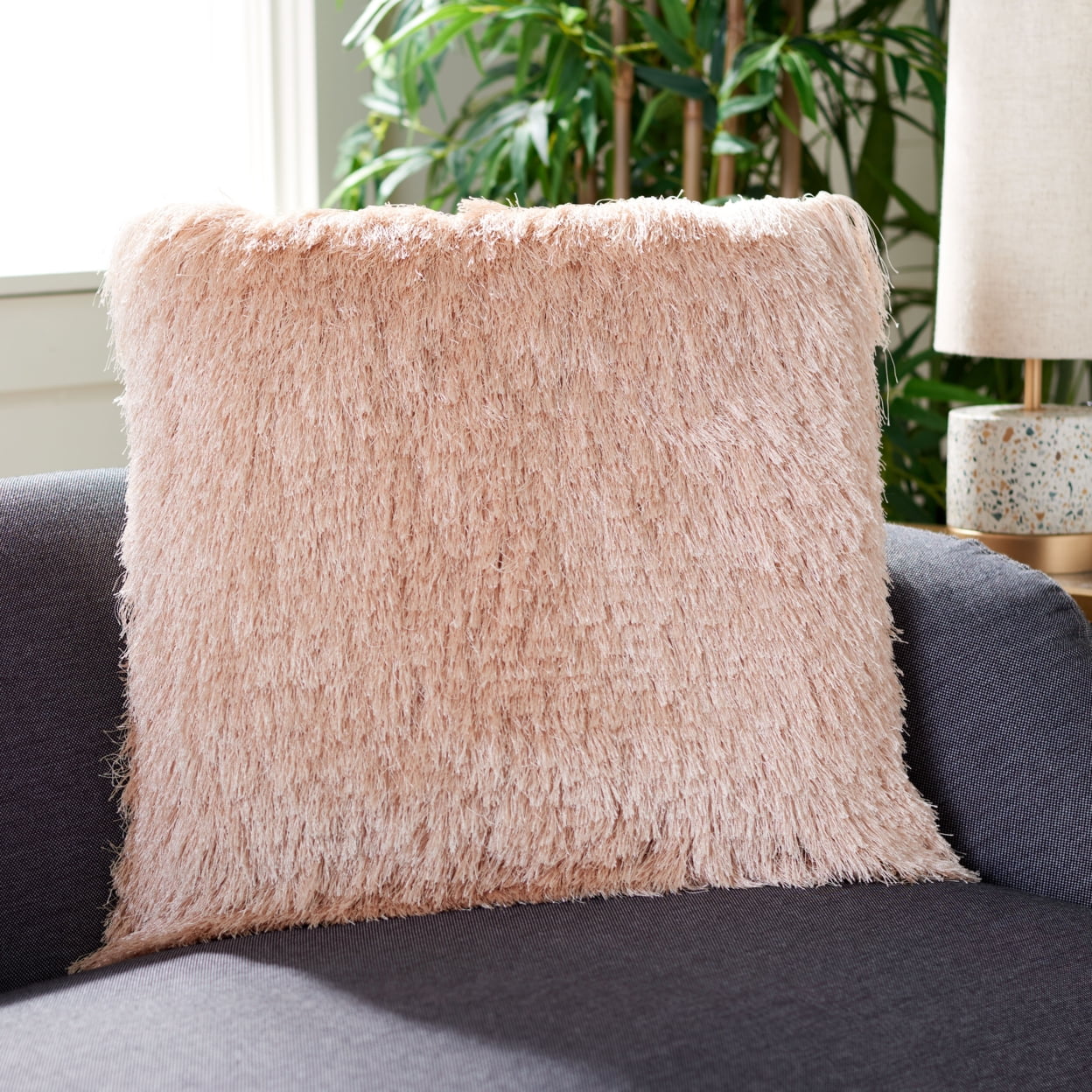 Blush Shag Faux Fur Square Accent Pillow