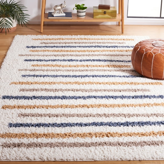 SAFAVIEH Calico Alfreda Striped Polyester Shag Area Rug, Ivory/Gold, 8' x 10'