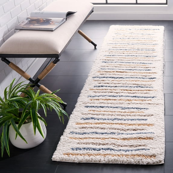 SAFAVIEH Calico Alfreda Striped Polyester Shag Runner Rug, Ivory/Gold, 2'2" x 8'