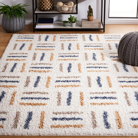 SAFAVIEH Calico Aylmer Geometric Polyester Shag Area Rug, Ivory/Gold, 5'3" x 7'6"