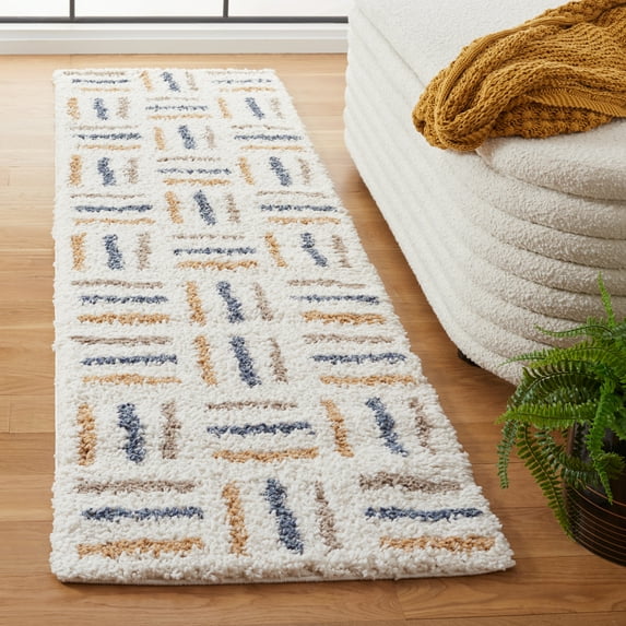 SAFAVIEH Calico Aylmer Geometric Polyester Shag Runner Rug, Ivory/Gold, 2'2" x 8'