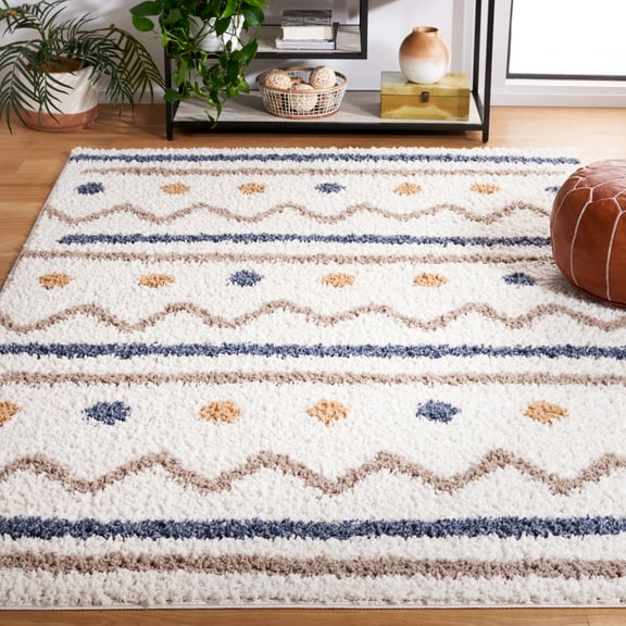 SAFAVIEH Calico Borko Abstract Polyester Shag Area Rug, Ivory/Taupe, 5'3" x 7'6"