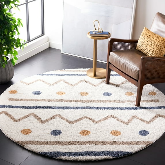 SAFAVIEH Calico Borko Abstract Polyester Shag Area Rug, Ivory/Taupe, 6'7" x 6'7" Round