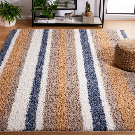 SAFAVIEH Calico Doroteja Striped Polyester Shag Area Rug, Taupe/Ivory, 5'3" x 7'6"