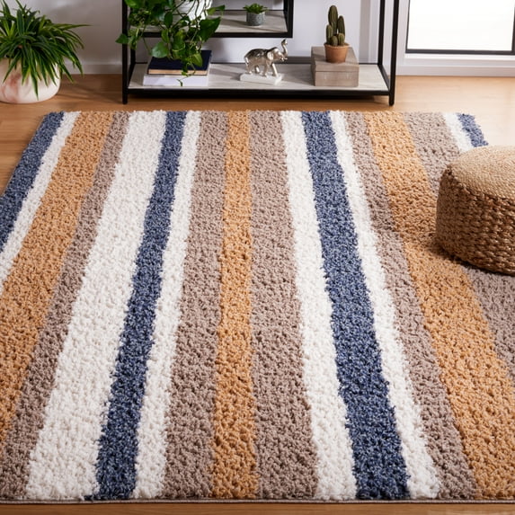 SAFAVIEH Calico Doroteja Striped Polyester Shag Area Rug, Taupe/Ivory, 6'7" x 6'7" Square