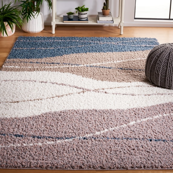 SAFAVIEH Calico Louella Abstract Polyester Shag Area Rug, Taupe/Blue, 4' x 6'