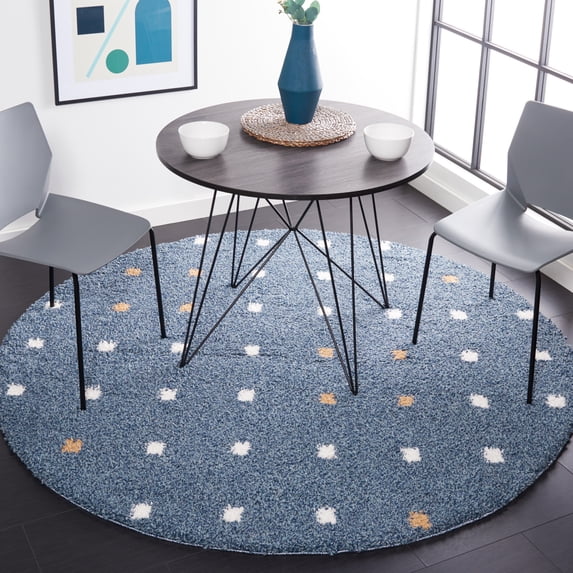 SAFAVIEH Calico Mattie Dot-Print Polyester Shag Area Rug, Blue/Ivory, 5'3" x 5'3" Round