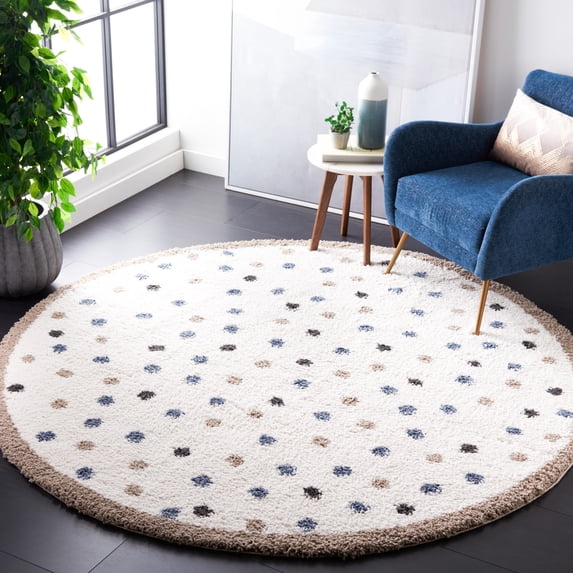 SAFAVIEH Calico Mattie Dot-Print Polyester Shag Area Rug, Ivory/Taupe, 5'3" x 5'3" Round