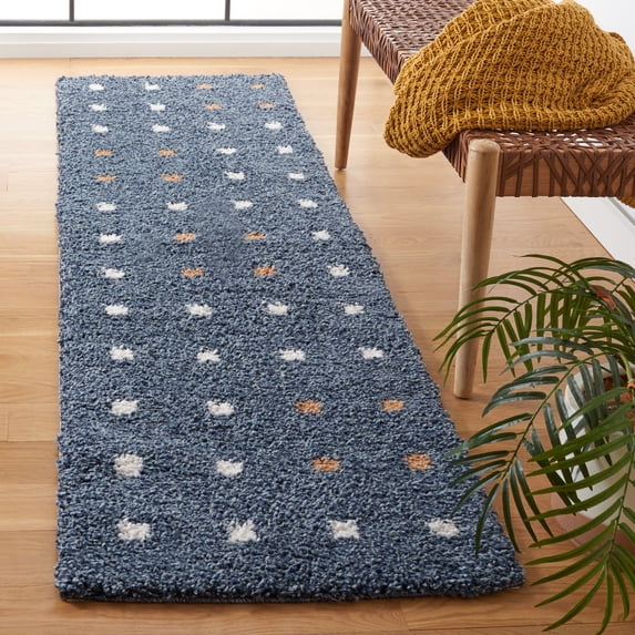 SAFAVIEH Calico Mattie Dot-Print Polyester Shag Runner Rug, Blue/Ivory, 2'2" x 8'