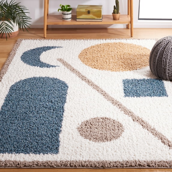SAFAVIEH Calico Miraj Abstract Polyester Shag Area Rug, Ivory/Blue, 6'7" x 6'7" Square