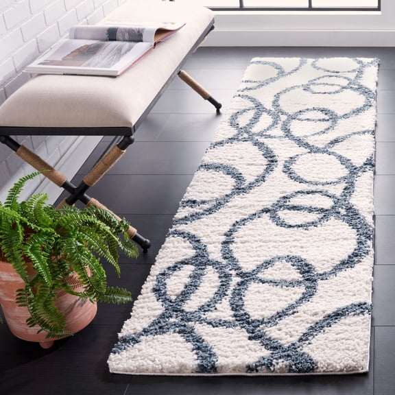 SAFAVIEH Calico Orval Abstract Polyester Shag Runner Rug, Ivory/Blue, 2'2" x 8'