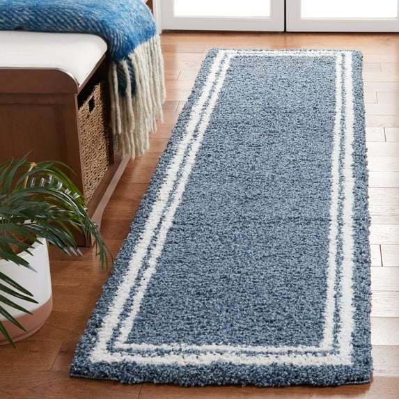 SAFAVIEH Calico Stojan Geometric Polyester Shag Runner Rug, Blue/Ivory, 2'2" x 8'