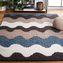 SAFAVIEH Calico Varvara Wavy Striped Polyester Shag Area Rug, Black/Taupe, 5'3" x 7'6"