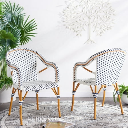 SAFAVIEH California Outdoor Patio Armchair, White/Navy, Set of 2