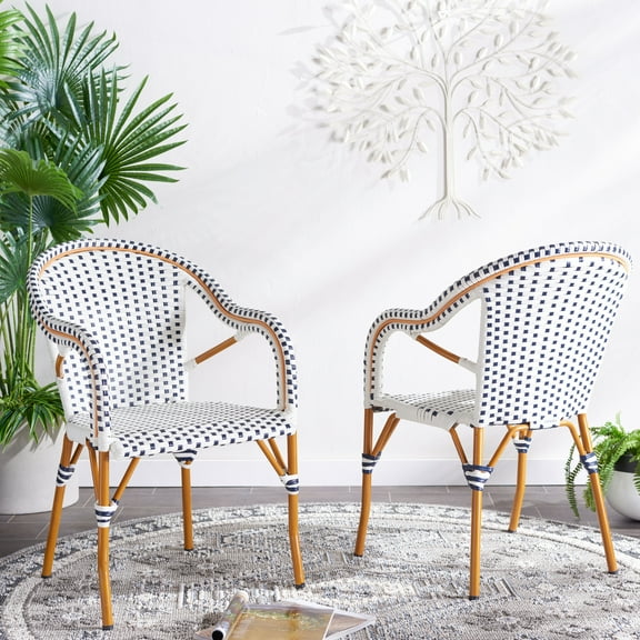 SAFAVIEH California Outdoor Patio Armchair, White/Navy, Set of 2