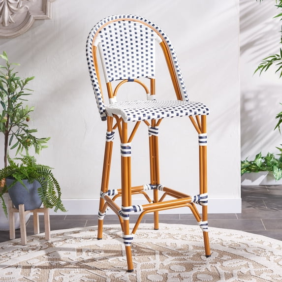 SAFAVIEH California Outdoor Patio Bar Stool, White/Navy