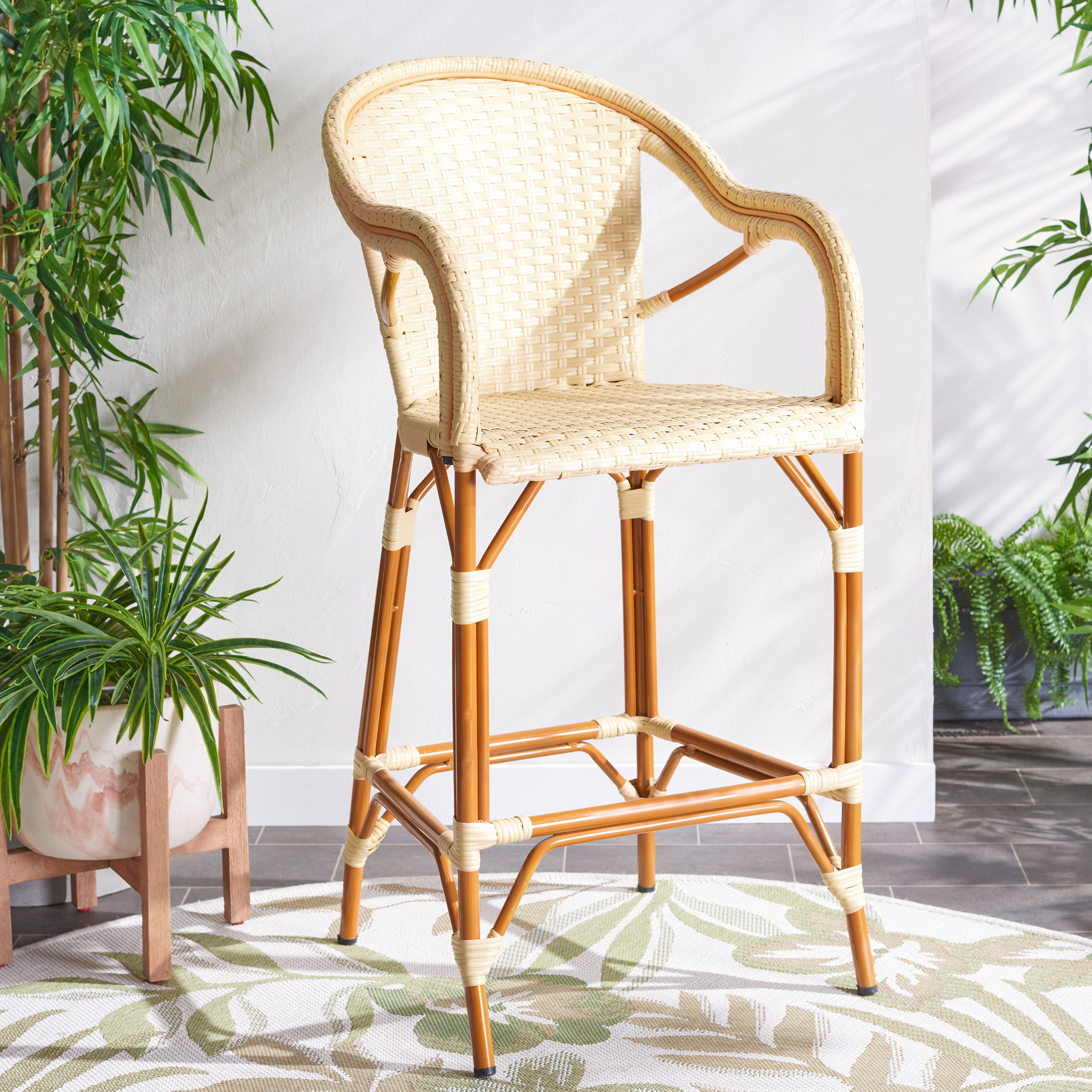 Natural Woven Faux Wicker and Aluminum Bar Stool with Arms