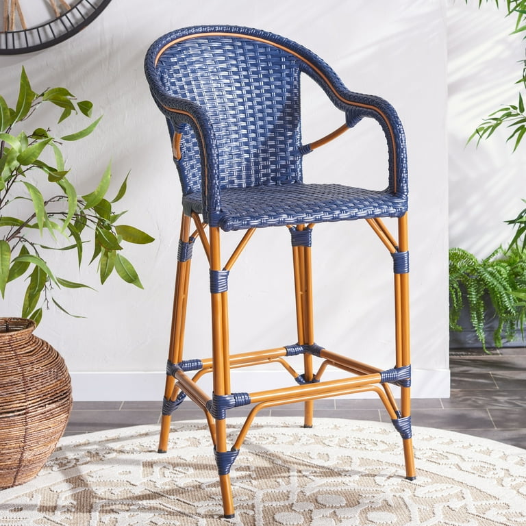SAFAVIEH California Outdoor Patio Bar Stool w Arm Navy