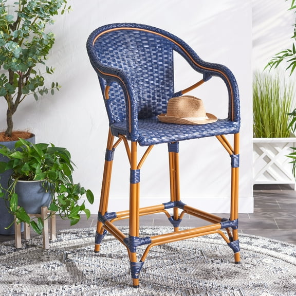 SAFAVIEH California Outdoor Patio Counter Stool w/ Arm, Navy