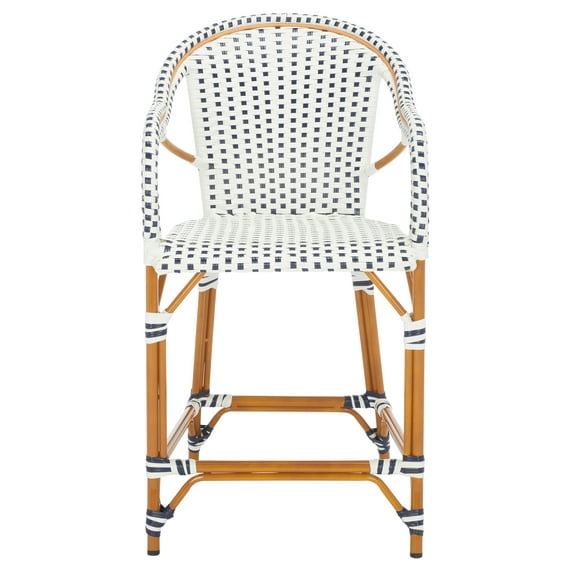 SAFAVIEH California Outdoor Patio Counter Stool w/ Arm, White/Navy