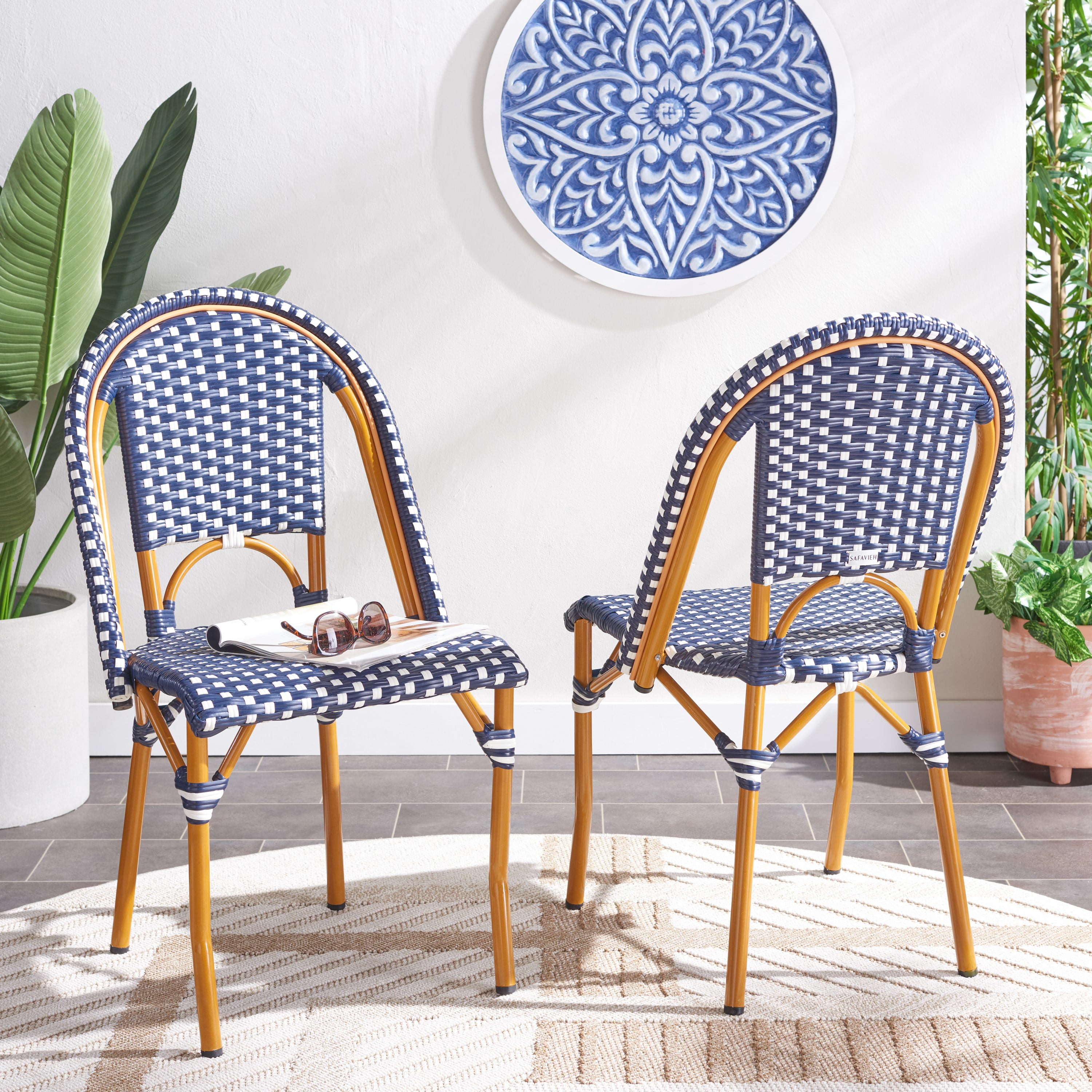Navy and White Faux Wicker California Outdoor Side Chair, Set of 2