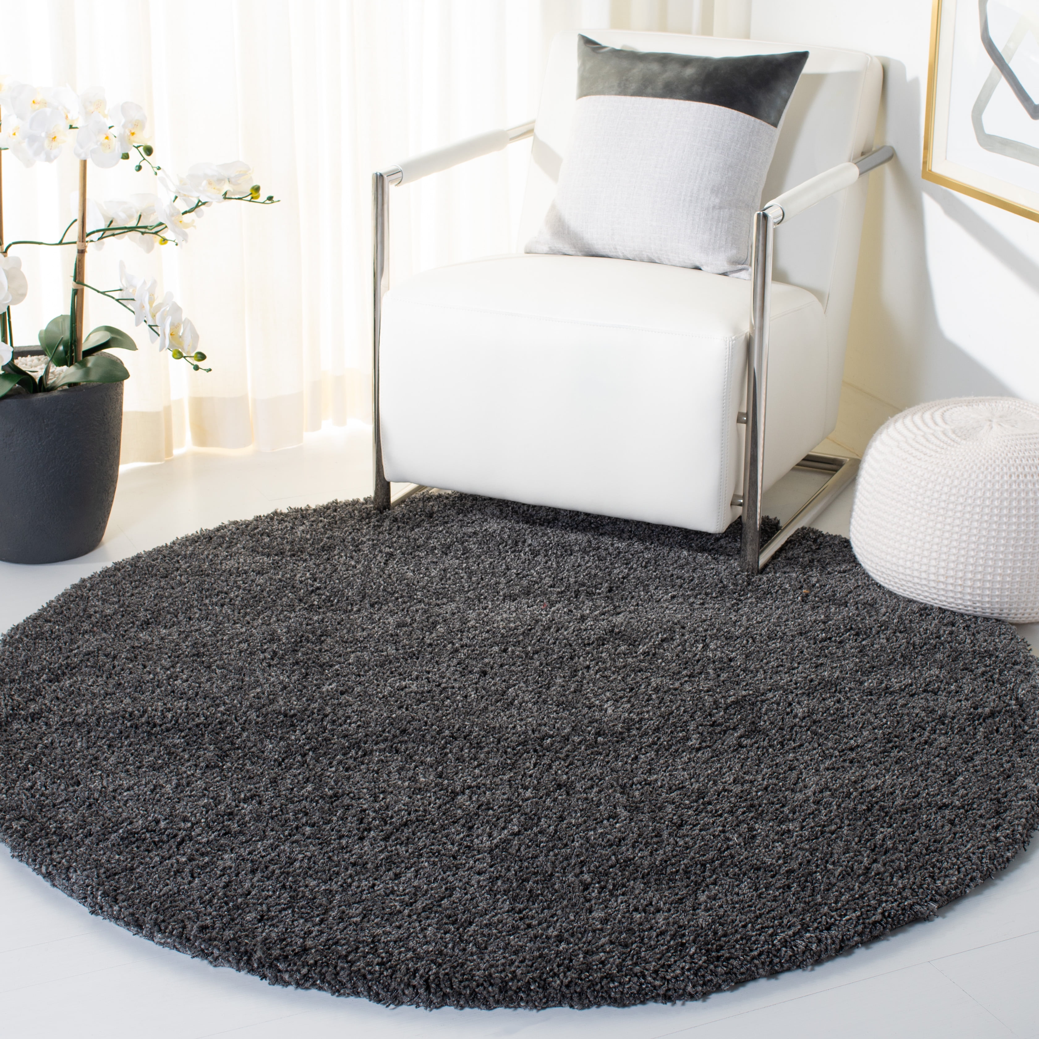 SAFAVIEH California Plush Solid Shag Area Rug, Dark Grey, 5'3" x 5'3" Round - Modern Design, Dark Grey, Non-Shedding & Easy Cleaning, Ultra Plush Thick Pile, Ideal for Living Room, Bedroom