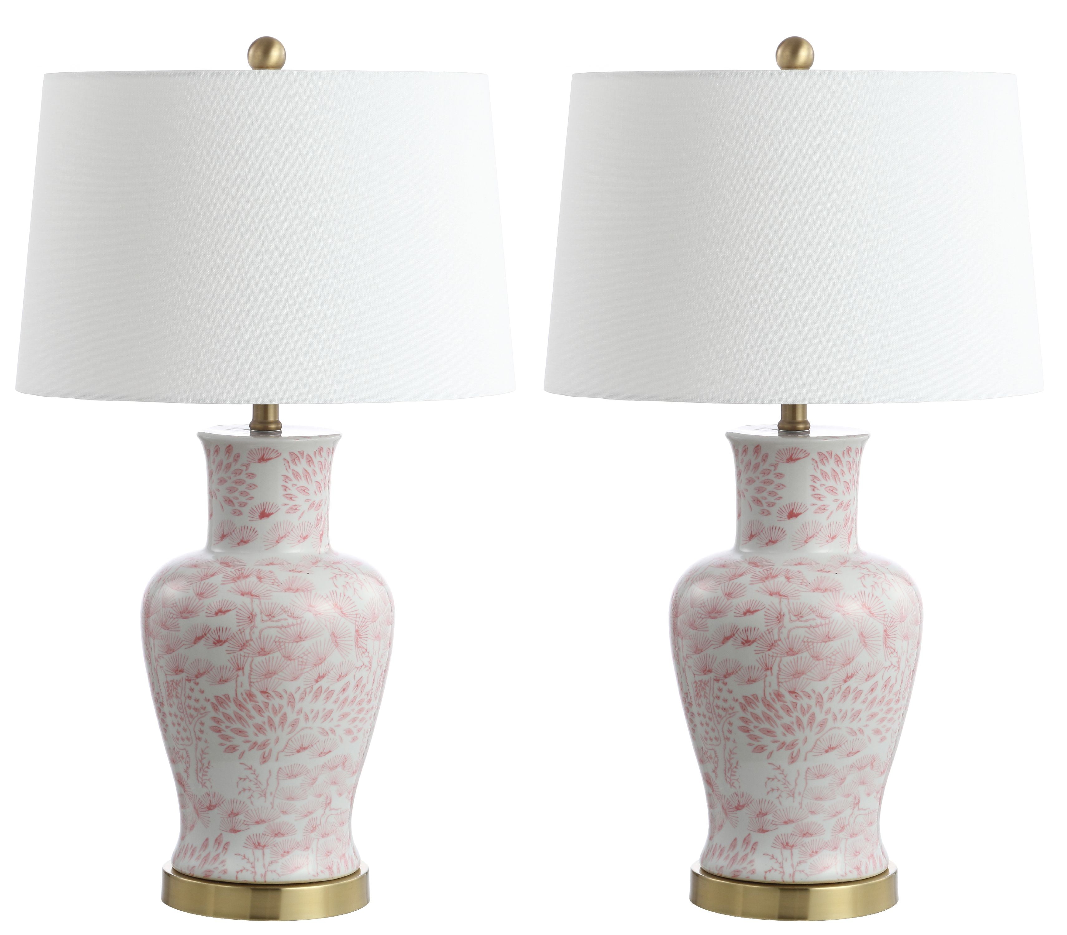 Calli Pink and White Ceramic Table Lamp Set with Brass Base