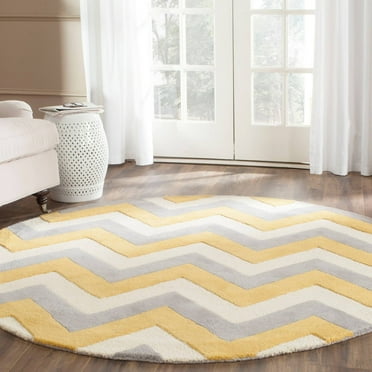 SAFAVIEH Cambridge Cherette Zig Zag Stripes Wool Area Rug, Grey/Gold, 6' x 6' Round