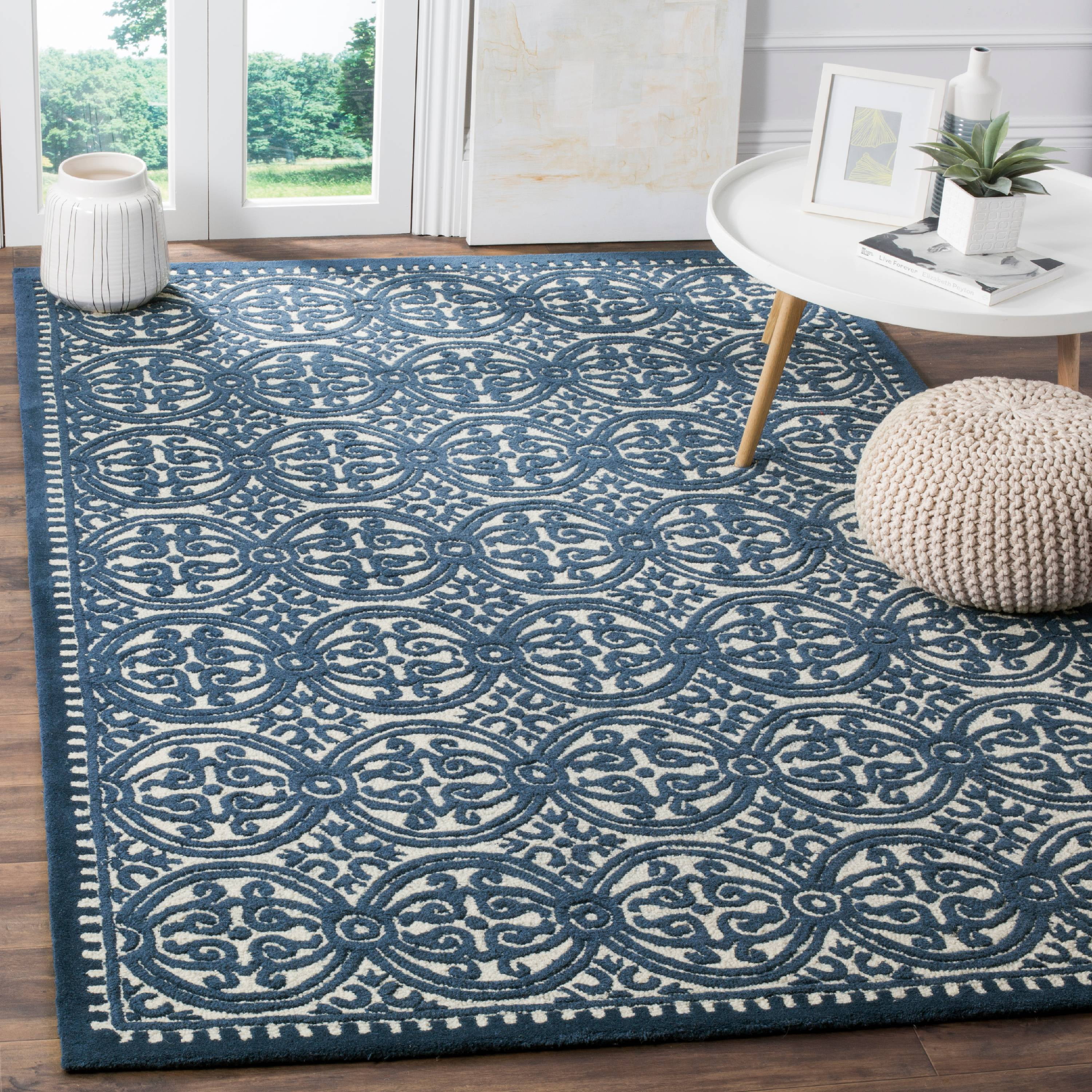 Ivory and Navy Hand-Tufted Wool 9' x 12' Area Rug