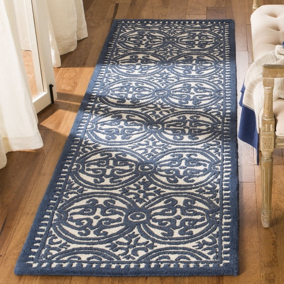 SAFAVIEH Cambridge Joseph Geometric Wool Runner Rug, Ivory/Navy, 2'6" x 12'